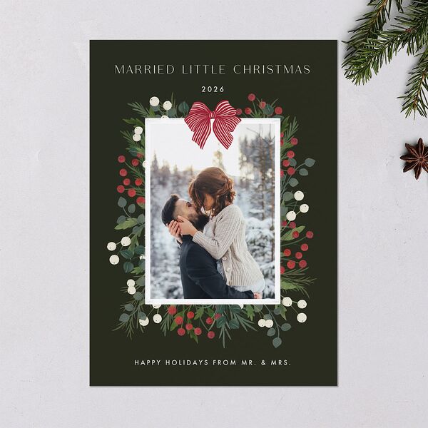 Rustic Holiday Foliage with Bow Holiday Cards Hunter Green Signature Blank Standard