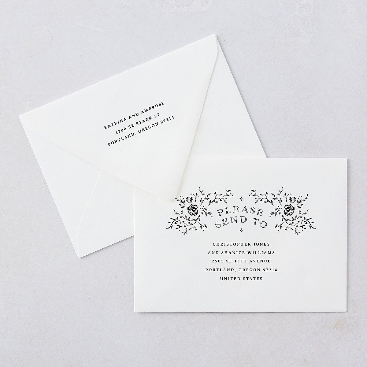 Skeleton Spirits Rehearsal Dinner Invitation Euro Envelopes White Licorice Both Recipient and Return Addresses Luxe Signature