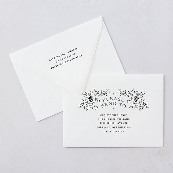 Skeleton Spirits Rehearsal Dinner Invitation Euro Envelopes White Licorice Both Recipient and Return Addresses Luxe Signature