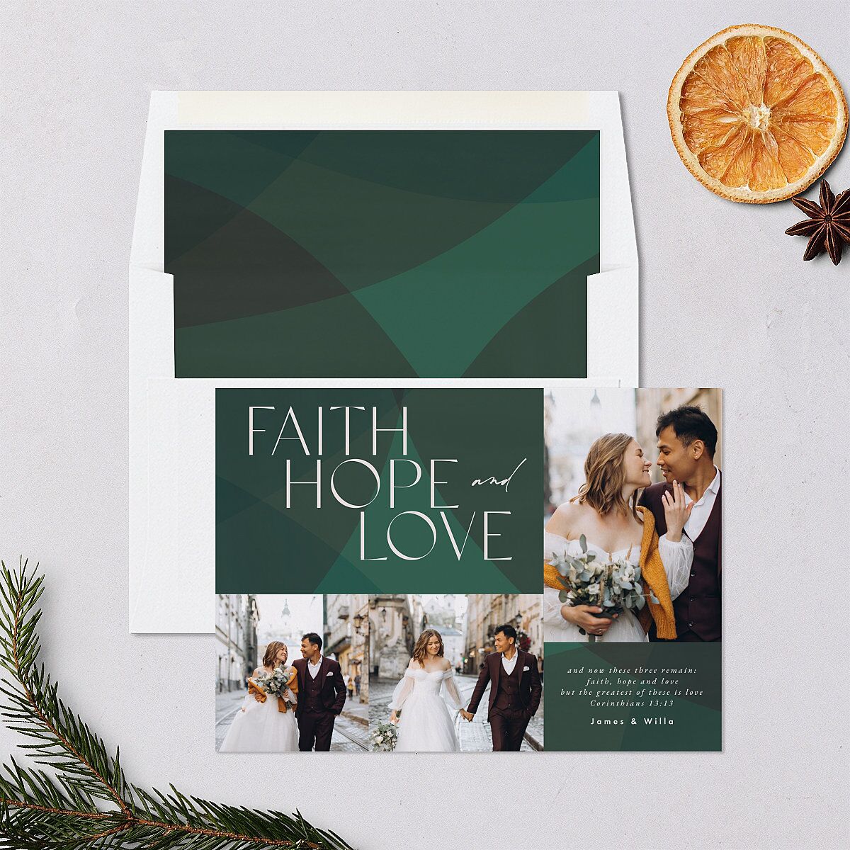 Faith Hope Love Holiday Cards Hunter Green Signature Blank Standard Landscape