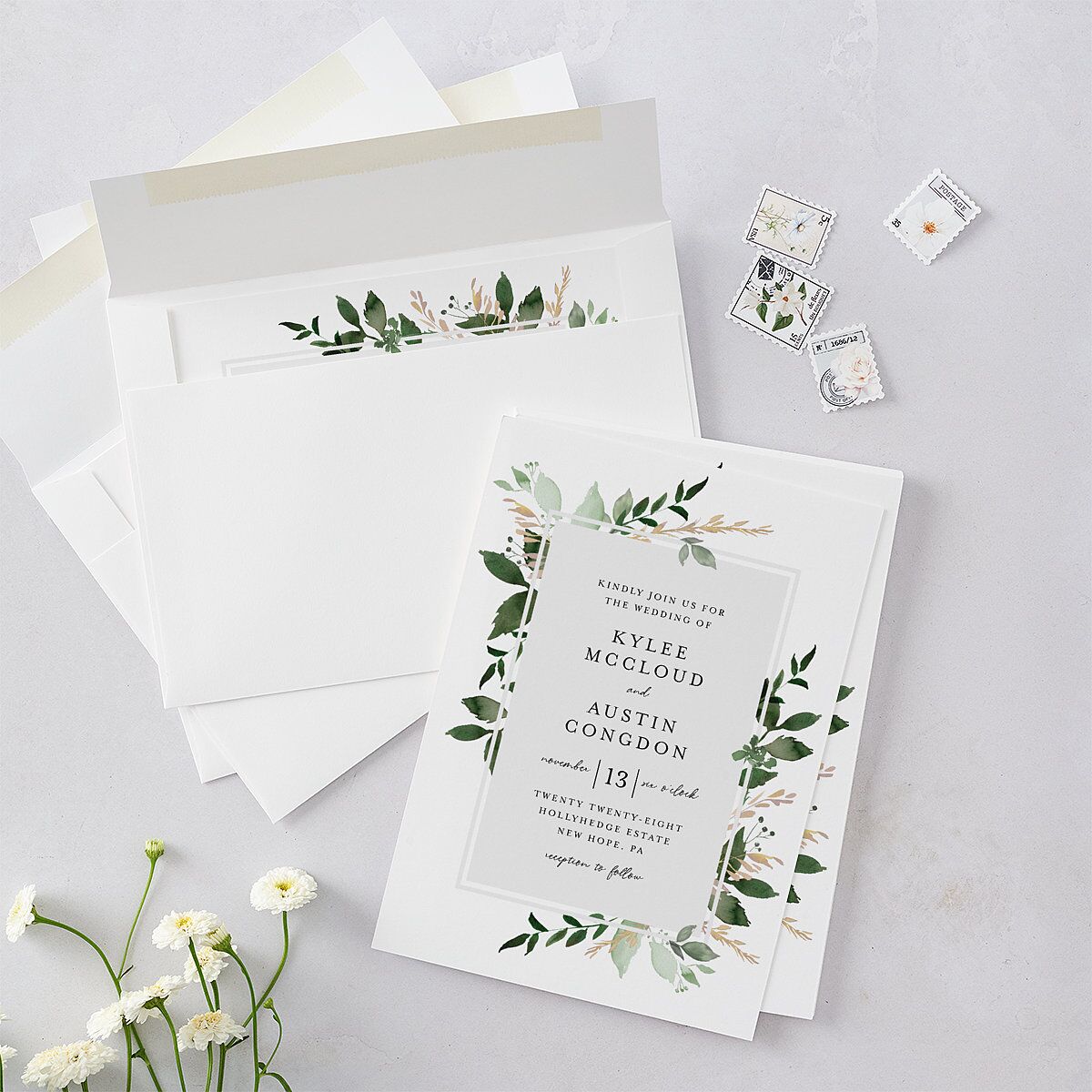 Leafy Frame Wedding Invitations Hunter Green Signature Blank No Standard
