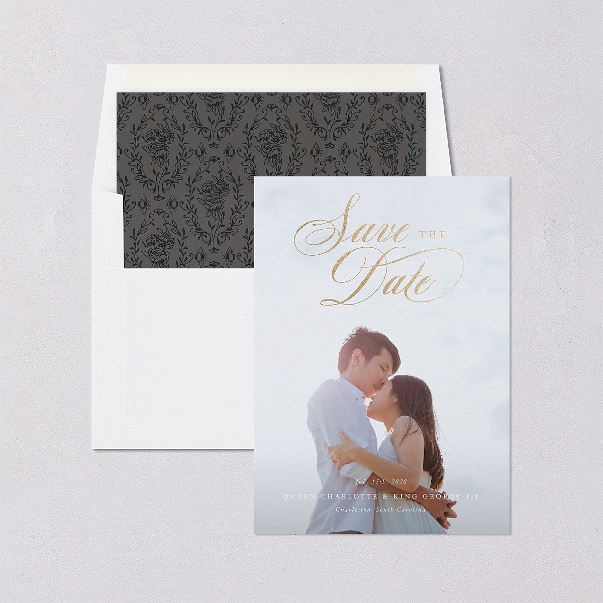 Rose Garden Crest Save the Date Cards by Bridgerton Gold Pure White Signature smooth Blank No Standard