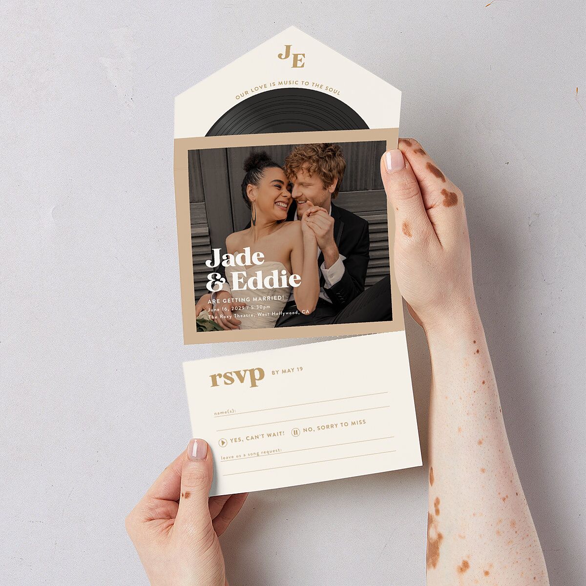 Music Lovers All-in-One Wedding Invitations Tan Signature Light Both Recipient and Return Addresses No