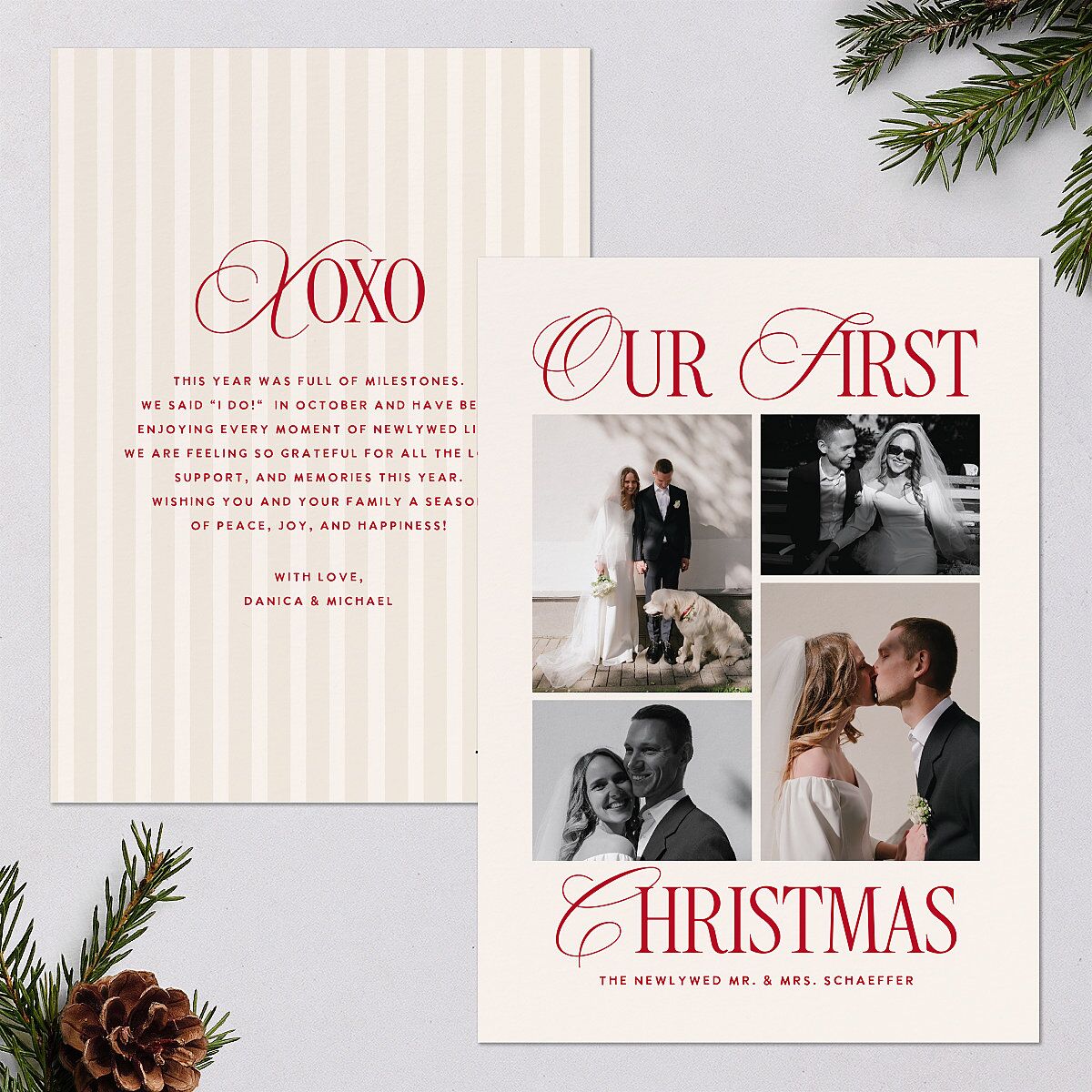 Classic Editorial First Christmas Photos Holiday Cards Merlot Signature Blank Standard