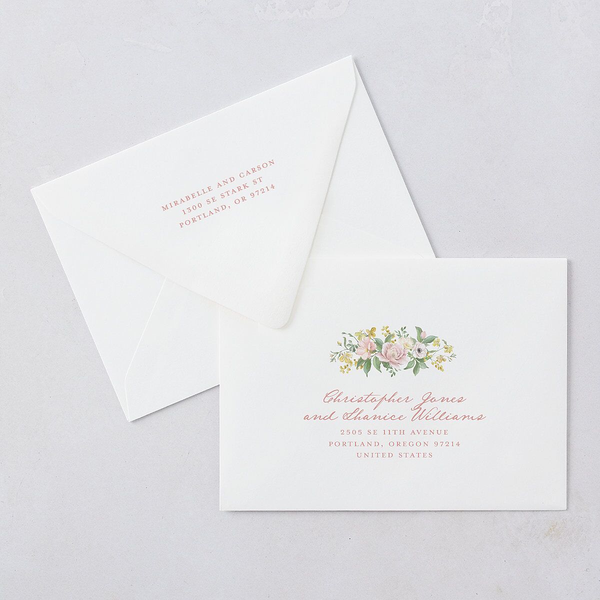 Maximalist Floral Crest Wedding Invitation Euro Envelopes White Pink Cotton Both Recipient and Return Addresses Luxe Signature