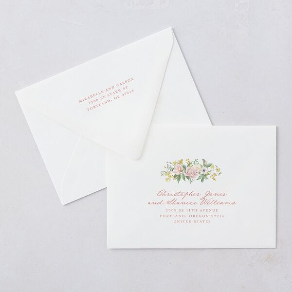 Maximalist Floral Crest Wedding Invitation Euro Envelopes White Pink Cotton Both Recipient and Return Addresses Luxe Signature