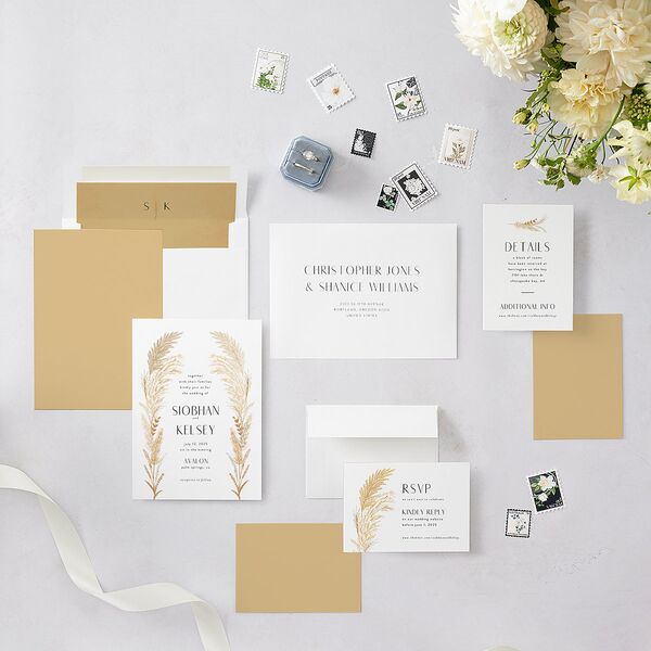 Regal Pampas Wedding Invitations Gold Pure White Signature Blank No Standard