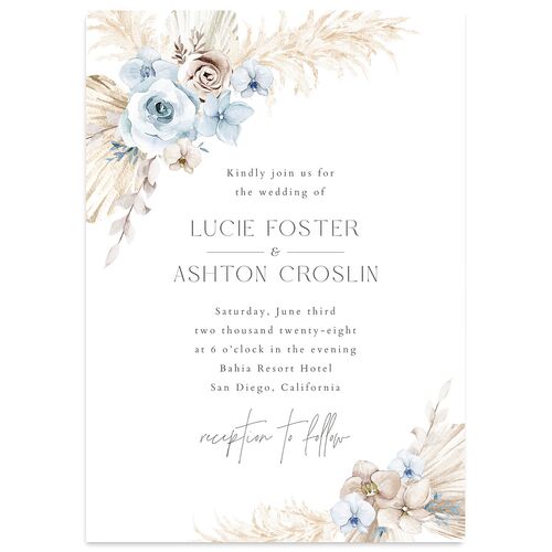 Pampas Floral Wedding Invitations Baby Blue Signature Blank No Standard
