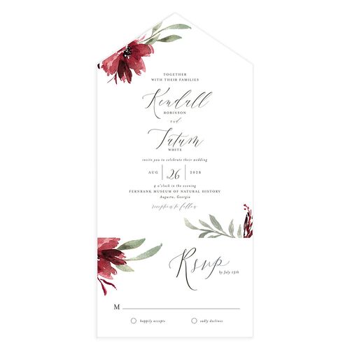 Muted Floral All-in-One Wedding Invitations Burgundy Signature Light Both Recipient and Return Addresses No