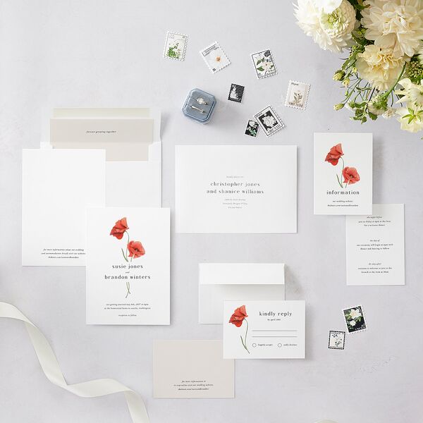 Wild Poppies Wedding Invitations Pure White Signature Blank No