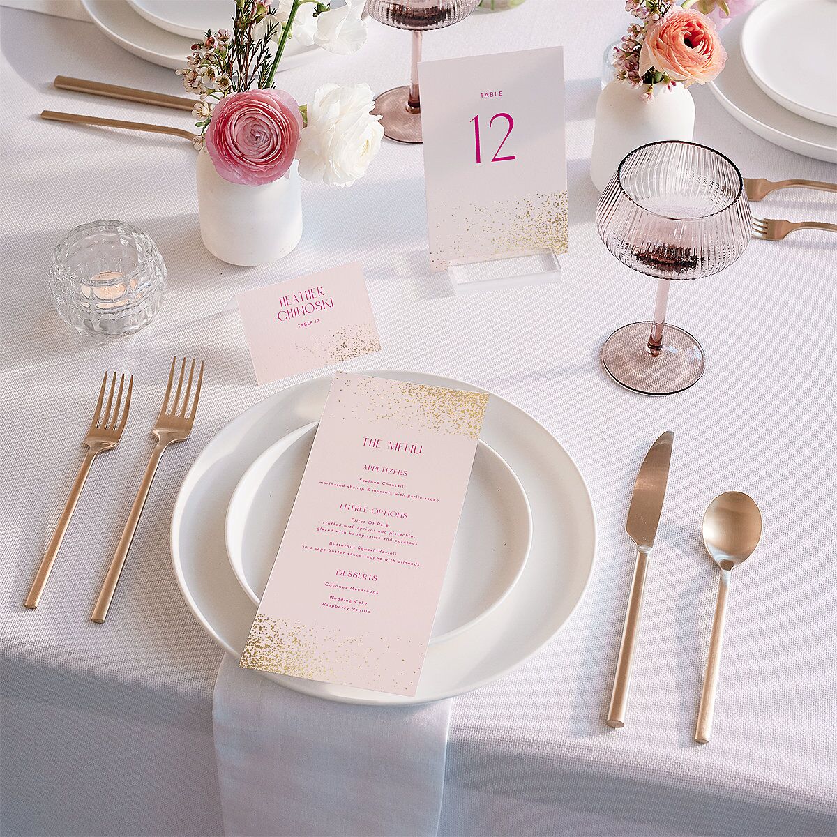 Shimmering Frame Menus Gold Pink Cotton Signature