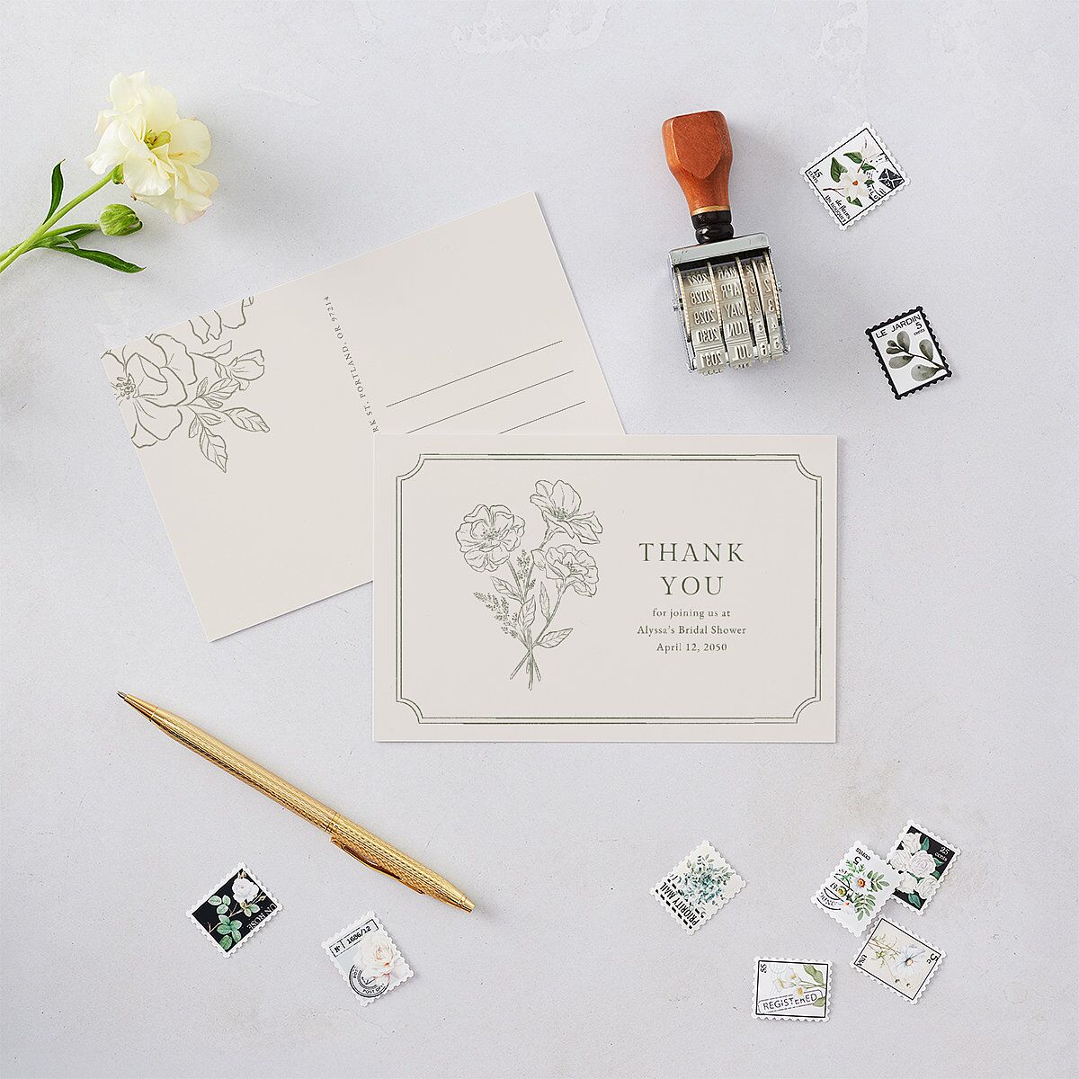 Fresh off the Market Garden Vintage Botanical Sketch Bridal Shower Thank You Postcards Dark Camo