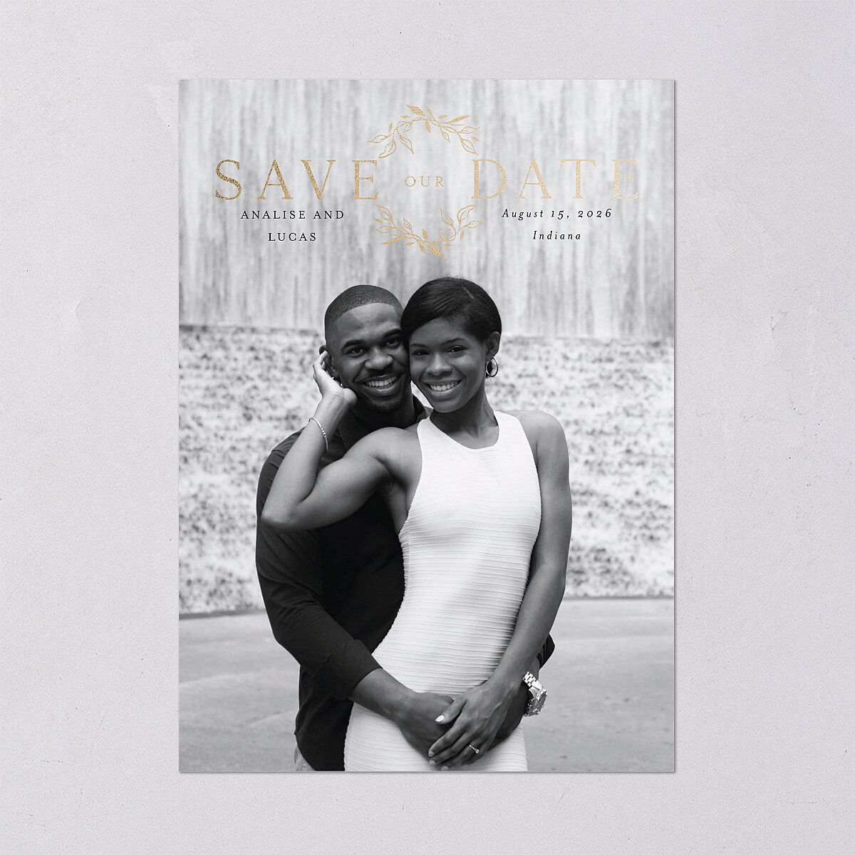 Monogram Leaves Save The Date Cards Gold Charcoal Signature smooth Blank No
