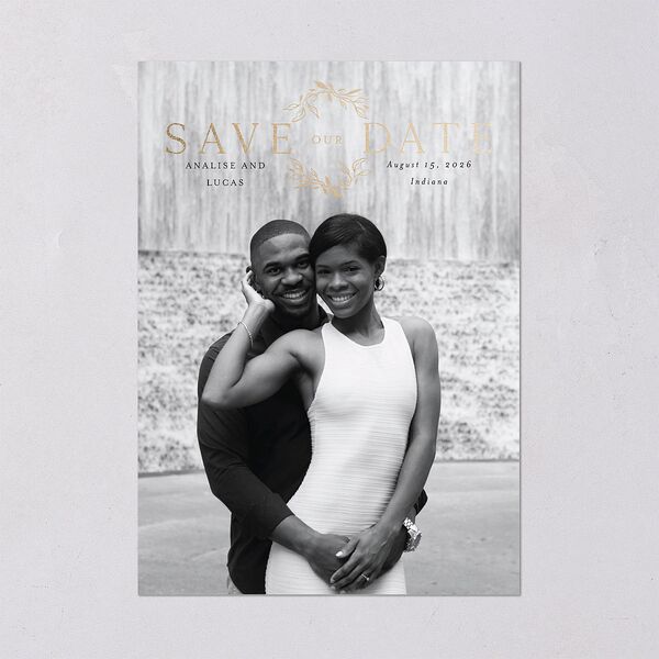 Monogram Leaves Save The Date Cards Gold Charcoal Signature smooth Blank No