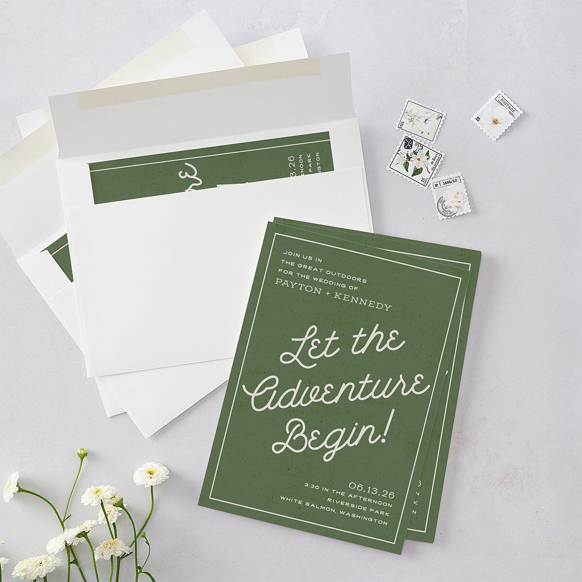 Happy Campers Wedding Invitations Deep Olive Signature Blank No Standard