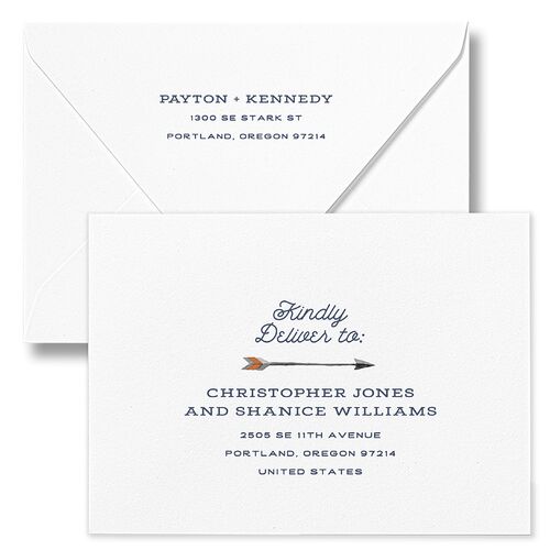 Happy Campers Rehearsal Dinner Invitation Euro Envelopes White Midnight Navy Both Recipient and Return Addresses Luxe Signature