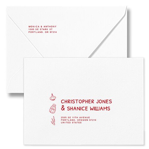 Hand Drawn Recipe Rehearsal Dinner Invitation Euro Envelopes White Crimson Both Recipient and Return Addresses Luxe Signature