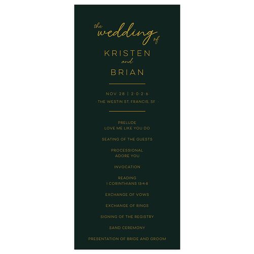 Gold Calligraphy Wedding Programs Dark Green Signature