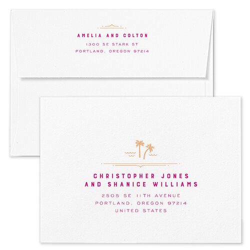 Iconic Beach Wedding Invitation Envelopes Blue Tangerine Return Address Standard Signature