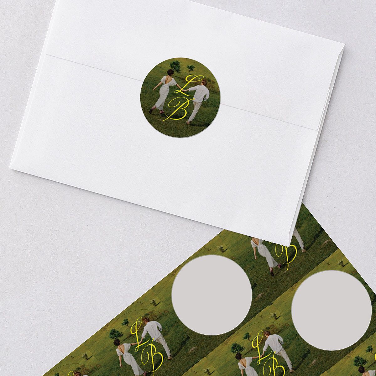 Technicolor Calligraphy Photo Wedding Stickers Pure White Circle