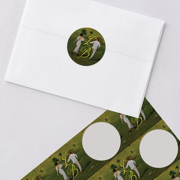 Technicolor Calligraphy Photo Wedding Stickers Pure White Circle
