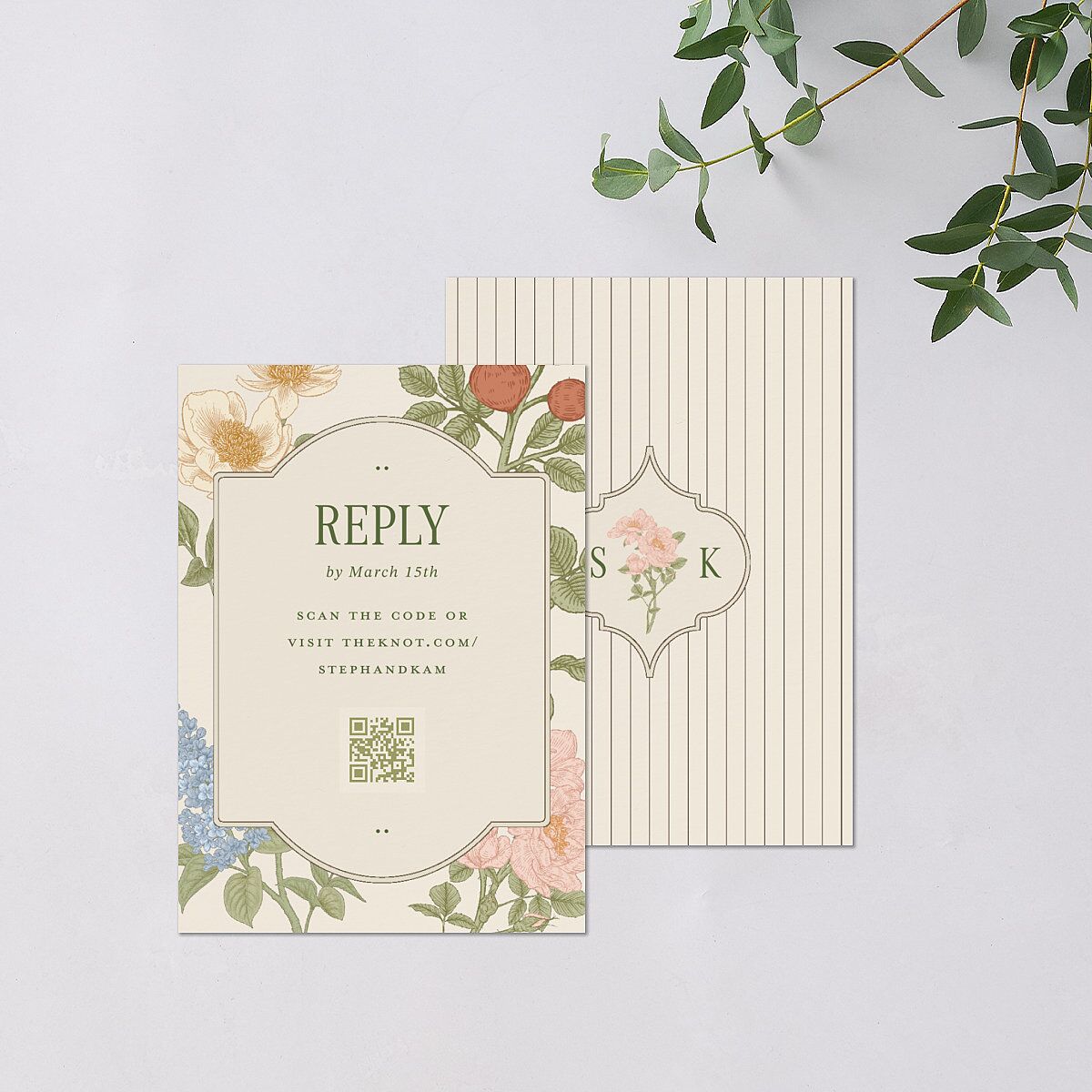 Floral Vintage Lattice QR Code RSVP Cards Champagne Signature Standard