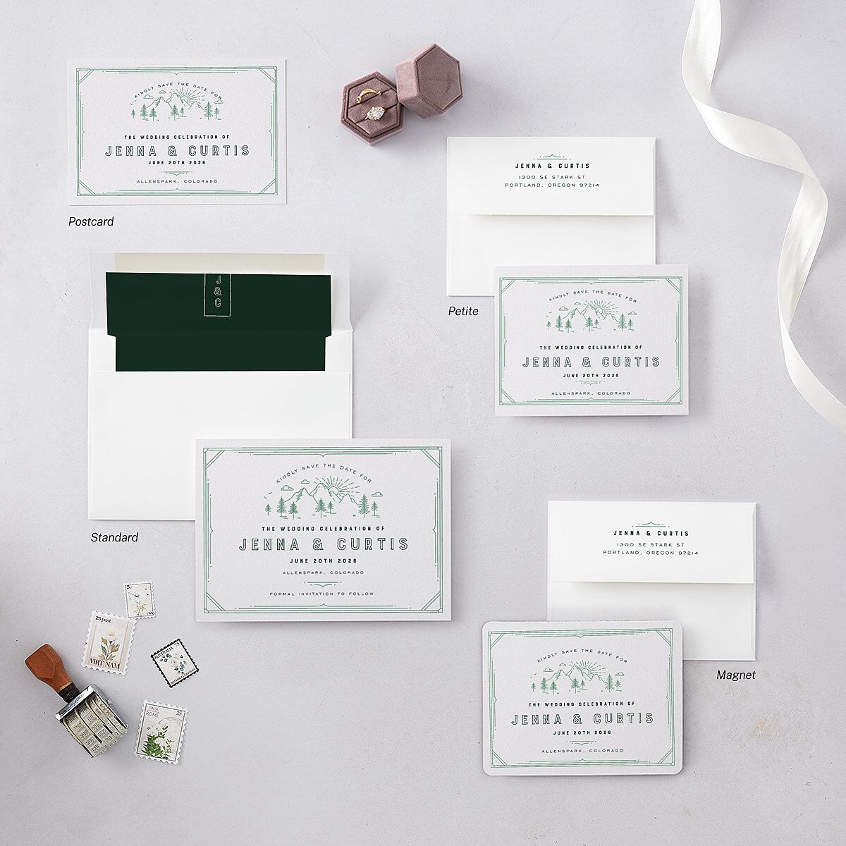 Iconic Mountain Save The Date Magnets Dark Green Magnet Paper