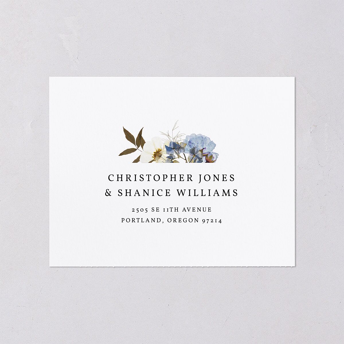 Pressed Flowers All-in-One Wedding Invitations Regency Blue Signature Light Both Recipient and Return Addresses No