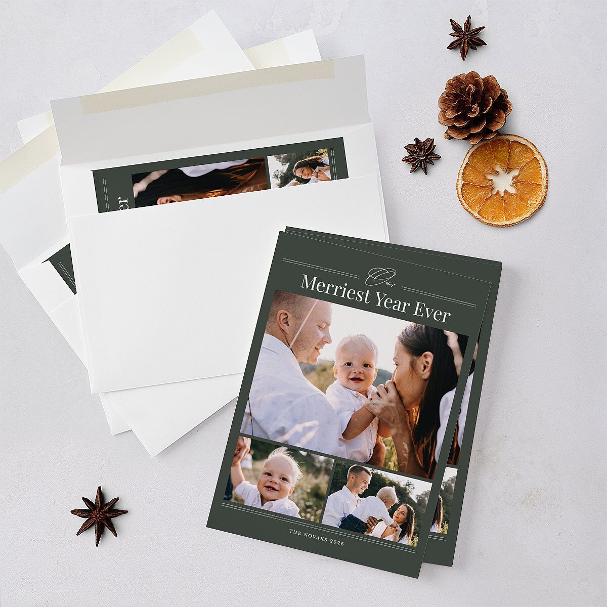 Our Merriest Year Baby Announcement Holiday Cards Hunter Green Signature Blank Standard Landscape