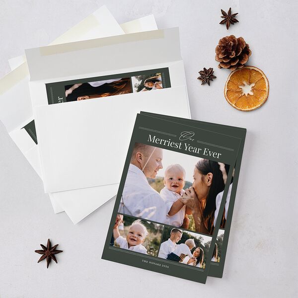 Our Merriest Year Baby Announcement Holiday Cards Hunter Green Signature Blank Standard Landscape