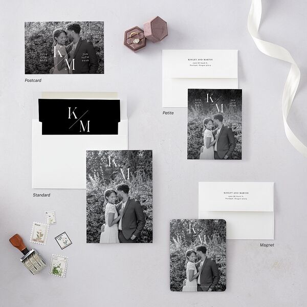 Monogram Slant Save the Date Petite Cards Licorice Signature smooth Blank No Standard