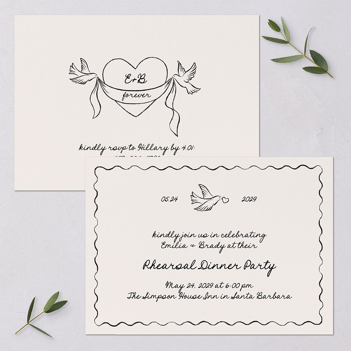 Vintage Lovebird Banner Rehearsal Dinner Invitations Linen Signature Blank Standard