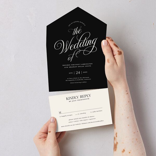 Elegant Hollywood Calligraphy All-in-One Wedding Invitations Licorice Signature Light Both Recipient and Return Addresses No
