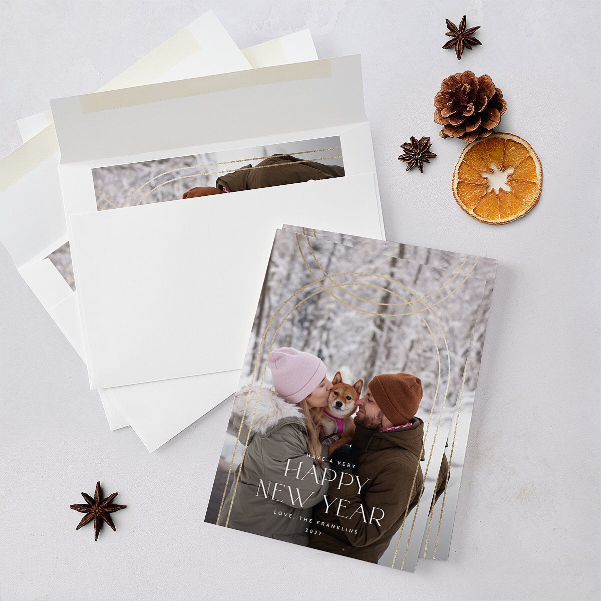 New Years Arch Holiday Cards Gold Pure White Signature Blank Standard Portrait