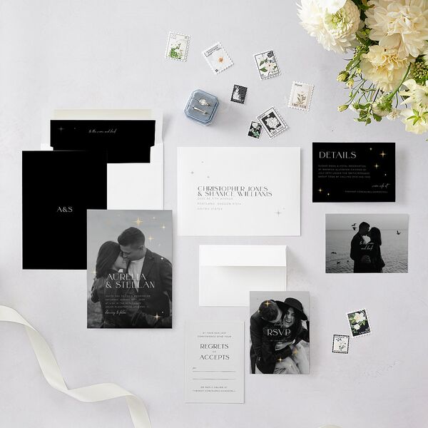 Starry Photo Foil Wedding Invitations Midnight Gold Signature Blank No Standard