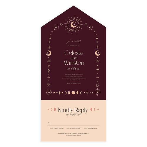 Celestial Galaxy All-in-One Wedding Invitations Burgundy Signature Light Both Recipient and Return Addresses No