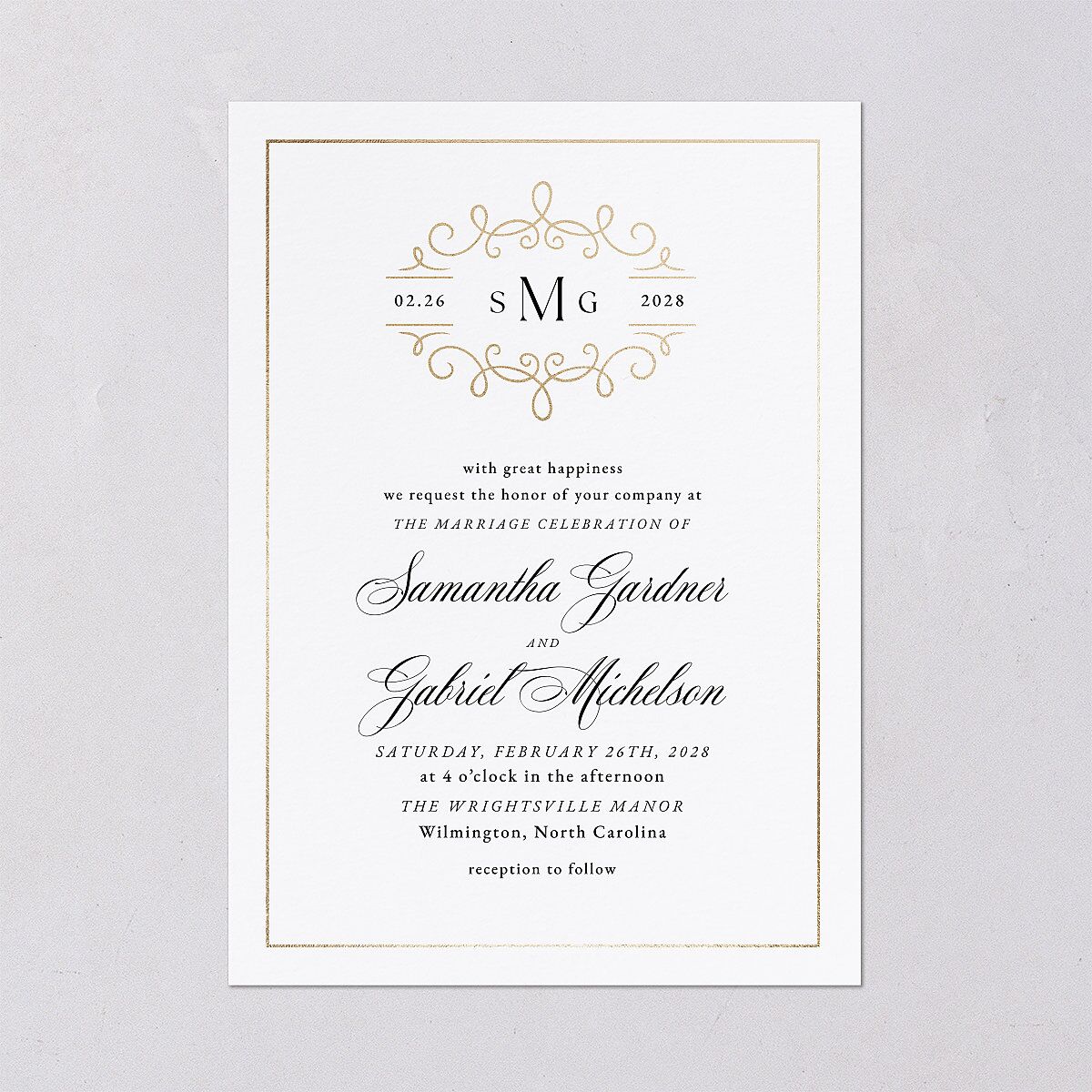 Monogram Flourish Foil Wedding Invitations Pure White Gold Signature Blank No Standard