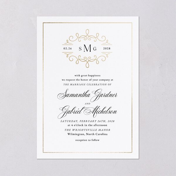 Monogram Flourish Foil Wedding Invitations Pure White Gold Signature Blank No Standard