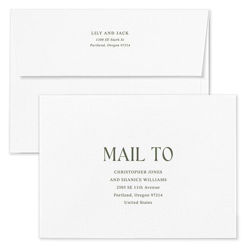 Elegant Minimalist Wedding Invitation Envelopes White Deep Olive Both Recipient and Return Addresses Standard Signature