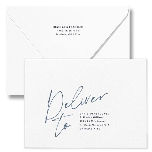 Modern Script Names Save The Date Card Euro Envelopes White Navy Both Recipient and Return Addresses Luxe Signature