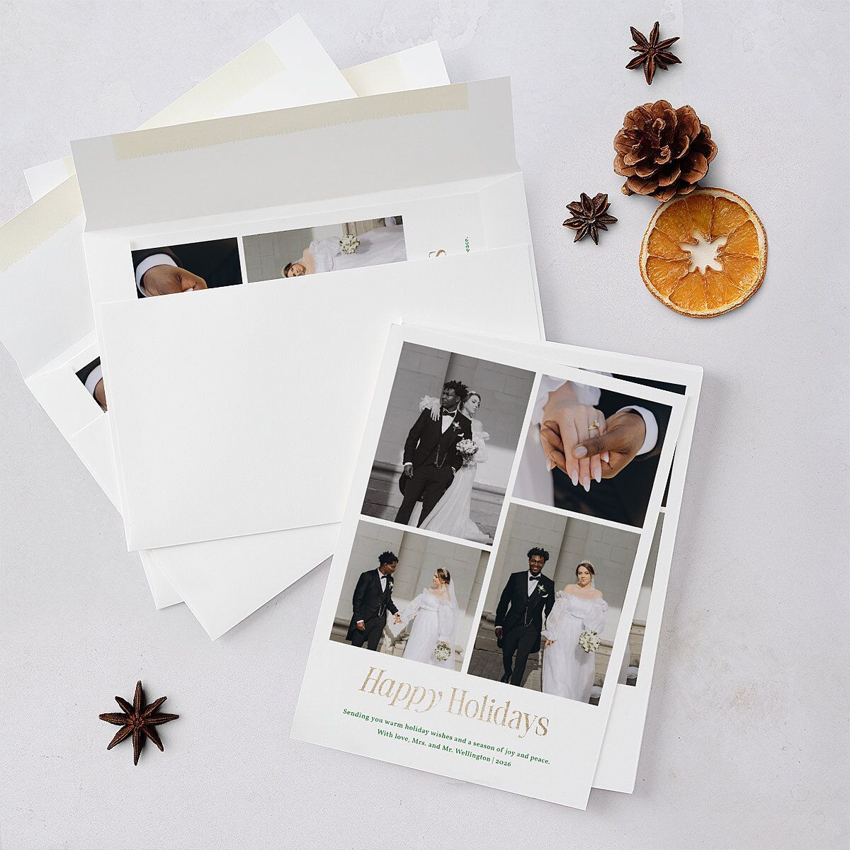 Simply Happy Foil Holiday Cards Gold Jewel Green Signature Blank Portrait Standard