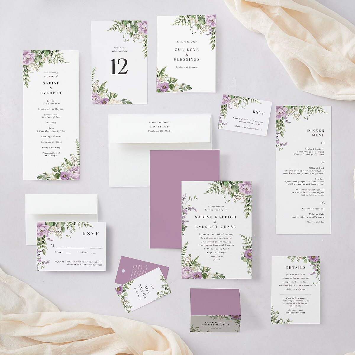 Floral Fern Frame Wedding Invitations Purple Petal Signature Blank No Standard