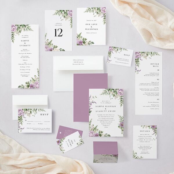 Floral Fern Frame Wedding Invitations Purple Petal Signature Blank No Standard