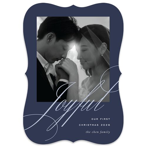 Classic Joyful Greeting Holiday Cards Navy Signature Blank Bracket