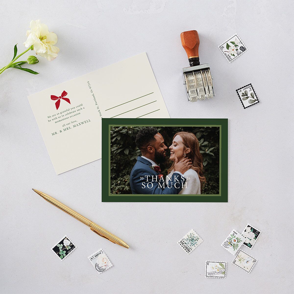 Simple Frame Photo Accent Thank You Postcards Hunter Green