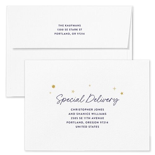 Baby's First Hanukkah Confetti Holiday Card Envelopes White Navy Both Recipient and Return Addresses Standard Signature