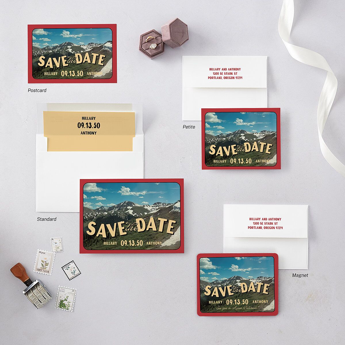 Retro Destination Postcard Inspired Save the Date Postcards Red Clay