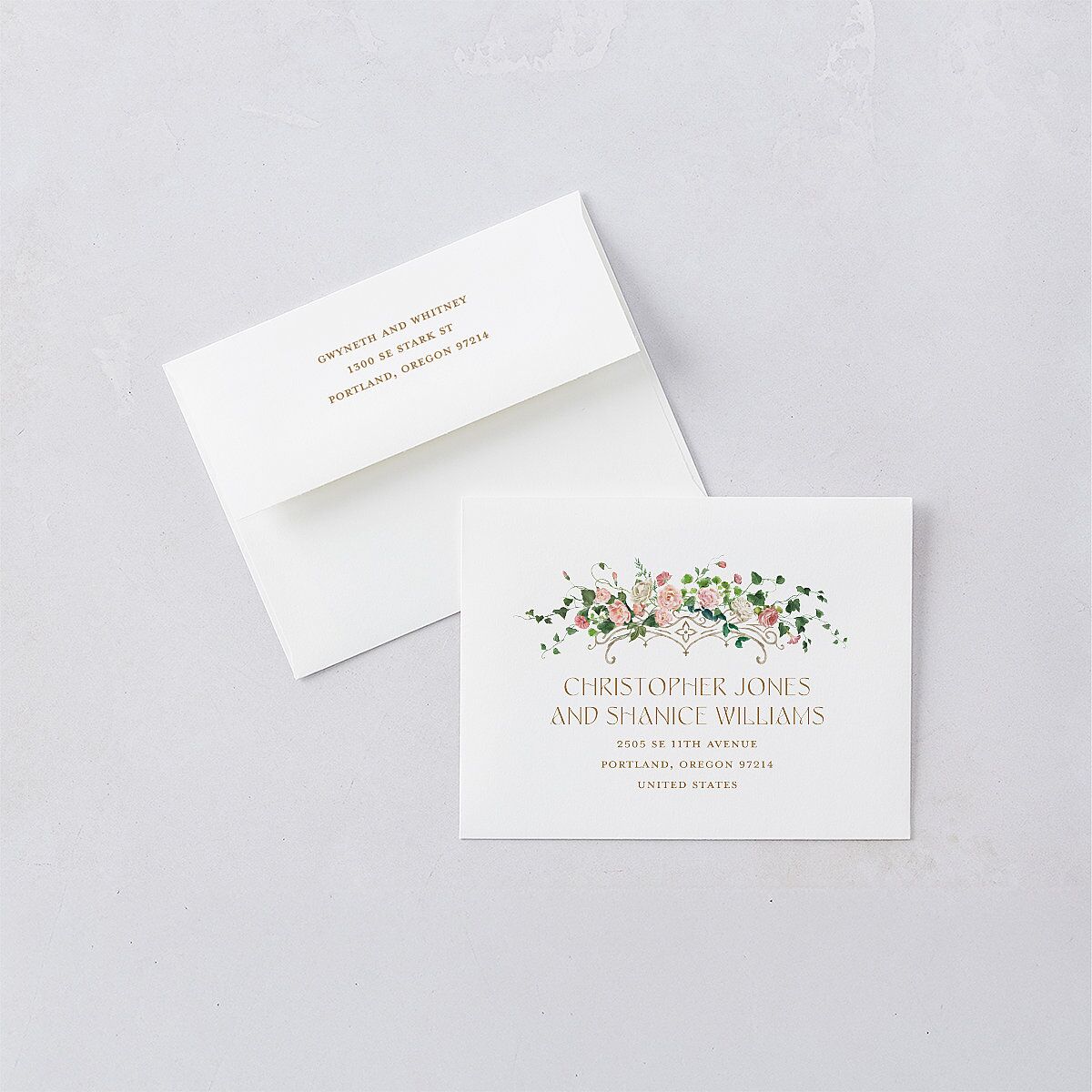 Fairytale Garden Save the Date Petite Card Envelopes Sage White Both Recipient and Return Addresses Signature Standard