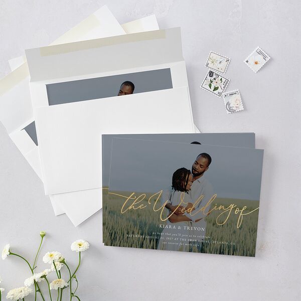 Romantic Photo Wedding Invitations Gold Hunter Green Signature Blank No