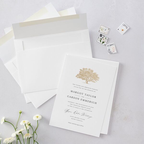 Southern Oak Tree Foil Wedding Invitations Gold Pure White Signature Blank No Standard